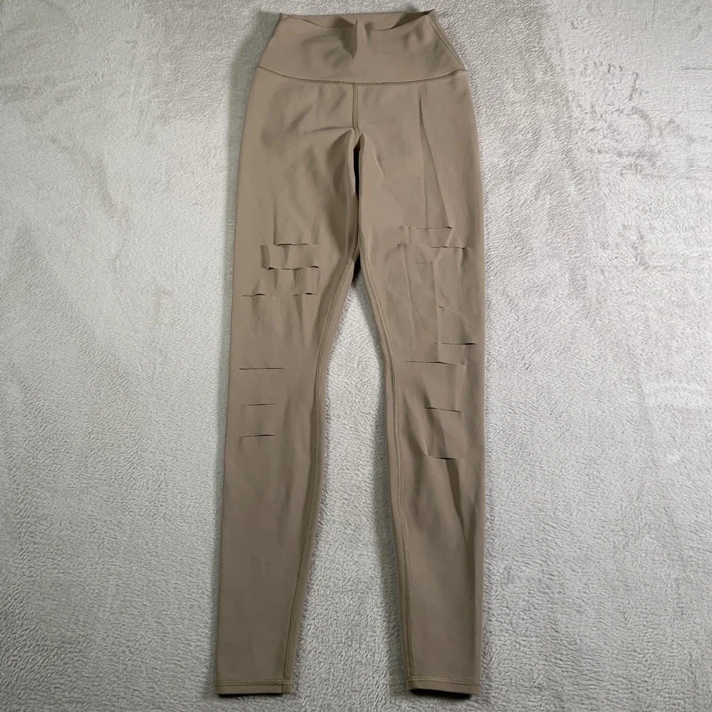 Alo Yoga Leggings Womens XS Beige High Rise Ankle Moto Ripped Stretch Yoga Pants